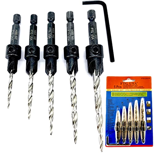 FTG USA Countersink Drill Bit Set 5 Pc Wood #4#6#8#10#12 Tapered Drill Bits - size: #4#6#8#10#12, style: w/o Depth Stop