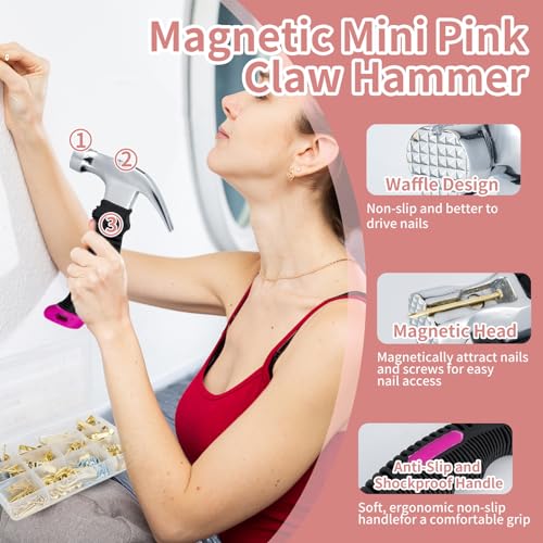Picture Hanging Kit Tool, 352pcs Hanging Hardware with Heavy Duty Frame Hooks, Wire, Nails, D Rings, Photo Sawtooth Hangers, Wall Art Hanging Kit with Laser Level, Pink Claw Hammer