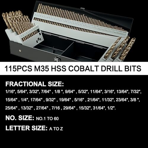 115Pcs Cobalt Drill Bit Set (1/16"-1/2"), M35 HSS, 135 Degree Tip, Twist Jobber Length for Hardened Metal, Stainless Steel, Cast Iron, Wood, and Plastics, with Index Storage Case - style: 115pcs Cobalt Drill