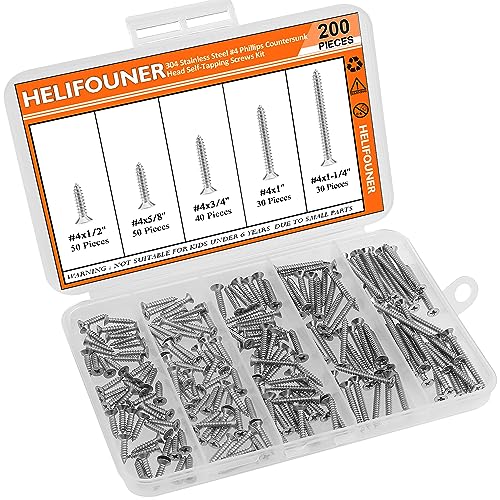#4 x 1/2" 5/8" 3/4" 1" 1-1/4" Wood Screws Set, HELIFOUNER 200 Pieces Phillips Countersunk Head Self-Tapping Screws Assortment Kit, Phillips Flat Head Wood Screws, 304 Stainless Steel - size: #4
