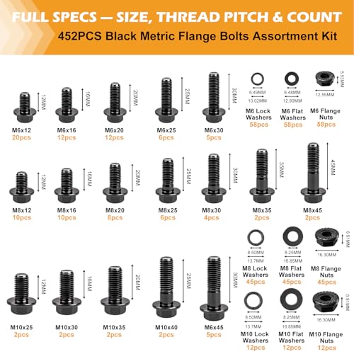 Vigrue 452PCS Metric Flange Nuts and Bolts Assortment kit, M6x1.0, M8x1.25, M10x1.5 Grade 10.9 Alloy Steel Black Zinc Plating Hex Bolts and Nuts Washers, Metric Bolt Set for Automotive Motorcycle - size: M6 M8 M10 Assorted