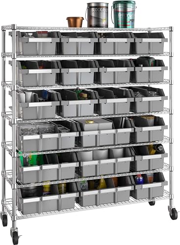 7-Tier NSF 21-Bin Steel Wire Shelving Rack, 48"W x 14"D x 56"H, Gray | 21 slide-out bins with tilt-lock design keep supplies organized, accessible - color: Gray, size: Includes 21 Bins