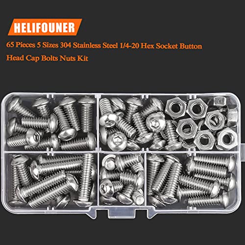 HELIFOUNER 65 Pieces 5 Sizes 304 Stainless Steel 1/4-20 x 3/8" 1/2" 5/8" 3/4" 1" UNC Thread Button Head Socket Cap Screws Bolts Kit - size: 1/4-20, style: Button Head