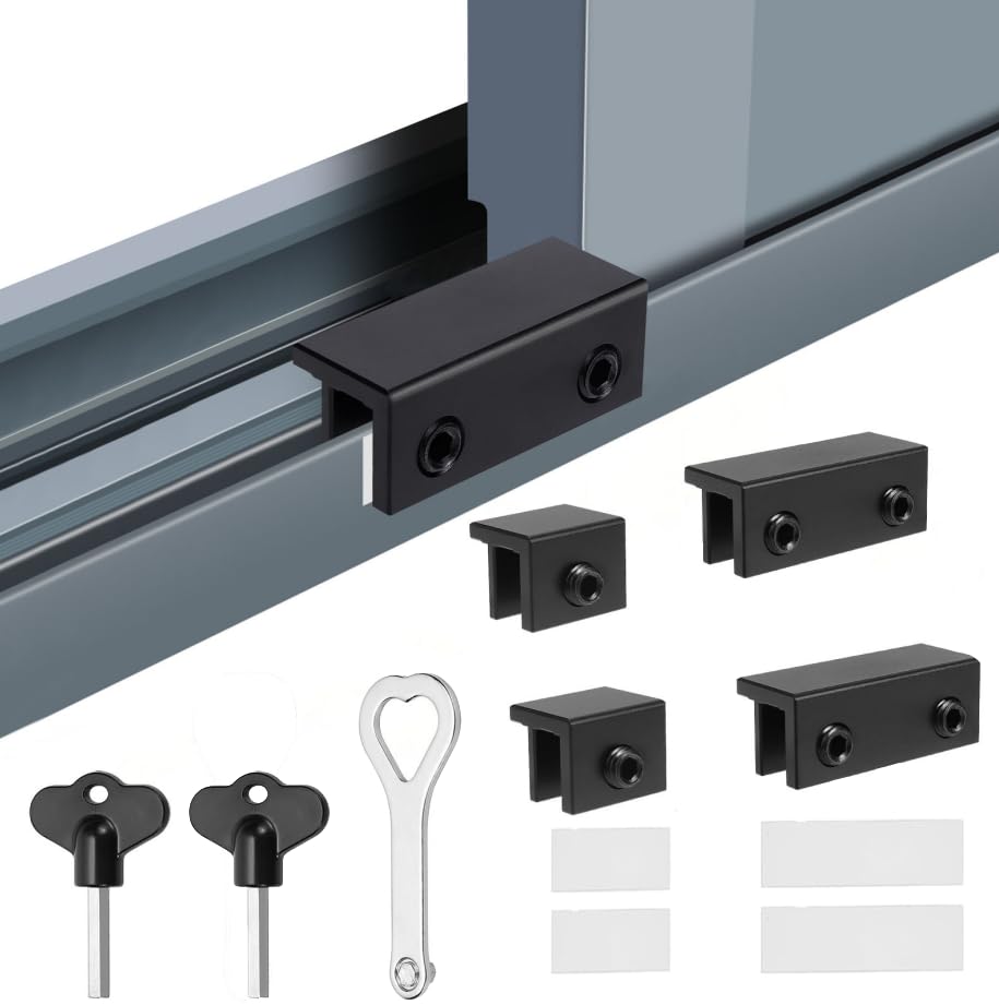Window Locks,4 Pcs Sliding Window Locks with Key for Vertical & Horizontal Sliding Windows Doors Adjustable Aluminum Stoppers, No-Drill Easv to Install for Patio Bedroom Home and Office