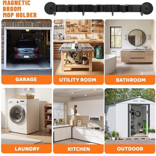 Magnetic Broom Holder Wall Mount with 4 Hooks and 3 Rack- Heavy Duty Non-Slip Mop Hanger for Wet Mops &Cleaning Tools on Refrigerator,Metal Door,Garage,Kitchen (3Racks 4Hooks)