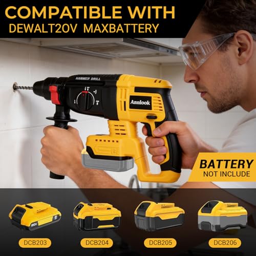 SDS-Plus Cordless Rotary Hammer Drill Compatible with DeWalt 20V MAX Battery (Tool Only), Hammer Drill for Concrete with 4 Functions, Rotomartillo Brushless Motor Includes 5 Drill Bits, 2 Chisels
