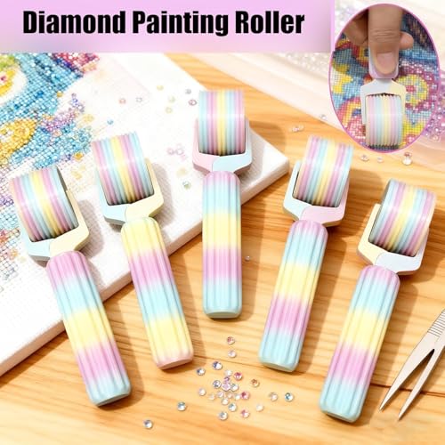Diamond Painting Roller & Stylus Kit, Rainbow Gradient Plastic Pressing Roller for 5D Diamond Art, Efficient Point Drill & Rhinestone Fastening Tool for Adults & Kids