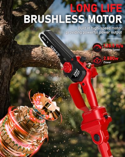 2-in-1 Electric Pole Saw 6“ Mini Chainsaw Cordless Brushless 2x4.0Ah Batteries Fast Charger Telescopic Power Pole Saw Tree Trimmer Limb Branch Cutter Pruner 16 Ft Max Reach Multi-Angle Red - color: Red-2 Batteries