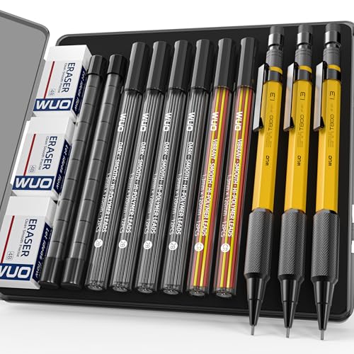 WUO 1.3mm Mechanical Pencil Set, 3 Pack Metal Mechanical Carpenter Pencils - color: Yellow