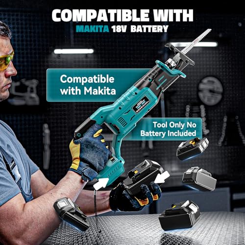 Cerycose Cordless Reciprocating Saw Compatible with Makita 18V Battery, Variable Speed 1" Stroke Length,3200 SPM, Toolless Blade Change, 4 Saw Blades for Metal Wood PVC Cutting (Tool Only) - style: Two-handed for Makita battery