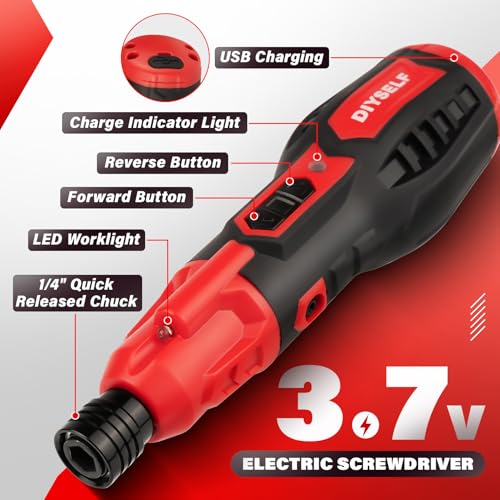 DIYSELF Electric Screwdriver, Cordless Power Screwdriver Set, 28-Piece, Red - color: Red