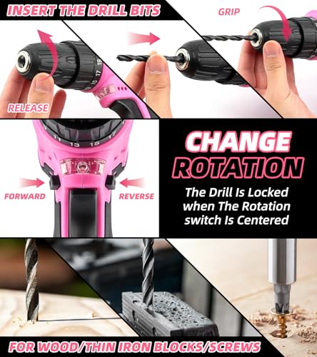 147 Piece Pink Power Drill Drivers Tool Set, 12V Cordless - style: 147 Piece Pink