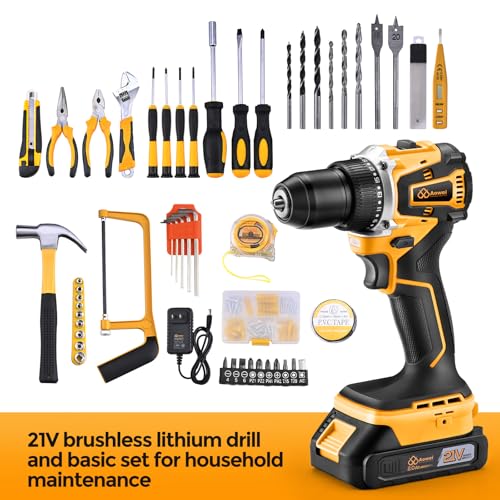 Brushless Motor Tool Kit Set: Yellow 21V Cordless Drill, Power Drill Tool Box,3/8" Keyless Chuck, 2 Variable Speeds, with Battery and Charger Included