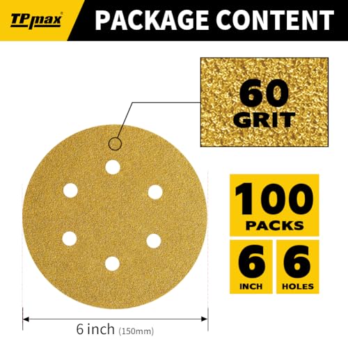 100PCS 6 Inch 60 Grit 150mm 6 Hole Sanding Discs Sandpaper - Premium Gold Round Hook and Loop for Random Orbital Sander - Ideal for Wood, Metal, Automotive - style: 60 Grit - 100 Pack