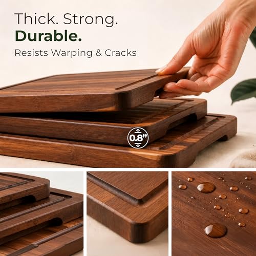 Acacia Wood Cutting Board Set of 3 with Holder, Juice Grooves & Handles