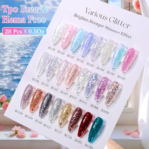 Double Rhythm 28Pcs 0.5Oz Glitter Gel Nail Polish Set Same Color Same Bottle Kit Nail Art Manicure Salon DIY at Home (Sparkle Pearl Shimmer Collection-T24-9) - color: Pearl Glitter Rose Gold