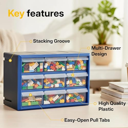 NORTHSKY 9-Bin Small Parts Cabinet, Stackable, Blue, 14.17 × 7.09 × 9.45 in 9 * Blue (9 Drawer & Clear) - size: 9 Drawer