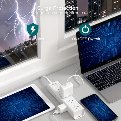 White Braided Power Strip Surge Protector with 12 Outlets - color: White&Gray, size: 10 Ft