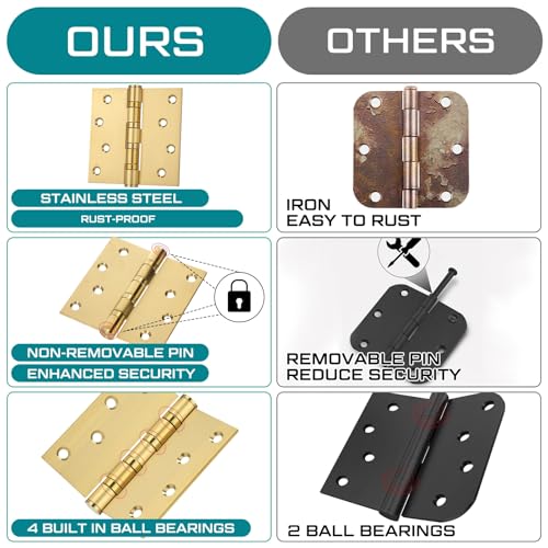 6 Pack Gold 4'' Ball Bearing Door Hinges, 4 x 4 Inch Exterior Door Hinge - color: Gold