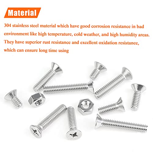 HELIFOUNER 50 Pieces 1/4-20 x 1/2" 3/4" 1" 1-1/4" 1-1/2" Phillips Countersunk Head Screws Nuts Washers Assortment Kit, Coarse Thread, Fully Machine Threaded, 304 Stainless Steel - size: 1/4-20
