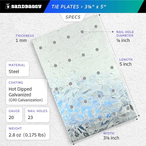 Sandbaggy Tie Plate for Wood (3-1/8" x 5") - Hot Dipped Galvanized Steel - 20 Gauge - 23 Nail Holes (Similar to Simpson Strong-Tie TP35) (3.125" x 5", 5)