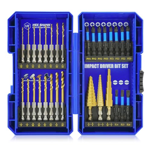 Handree 30pcs Impact Bit Set, Screwdriver Bit Set 11pcs, Hex Shank Drill Bit Set 16pcs, Step Drill Bit 3pcs, High Speed Steel Materialand Titanium Coating, S2 Alloy Steel Bits with Index Box - size: Assorted Bits (30 pcs)