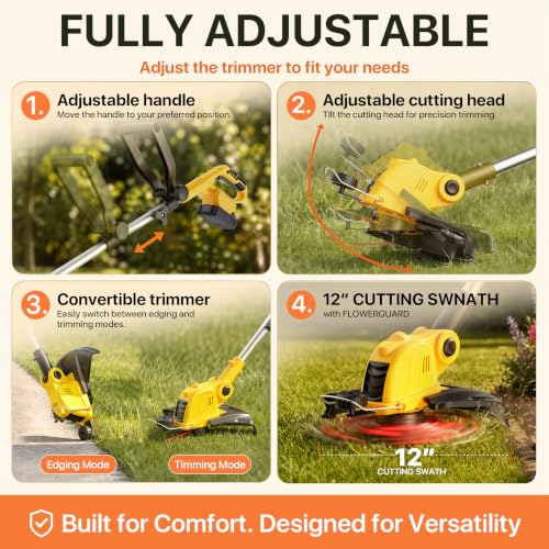ALSO GO 21V Cordless Weed Wacker,12 Inch String Trimmer with Auto Line Feed - color: Pale Yellow