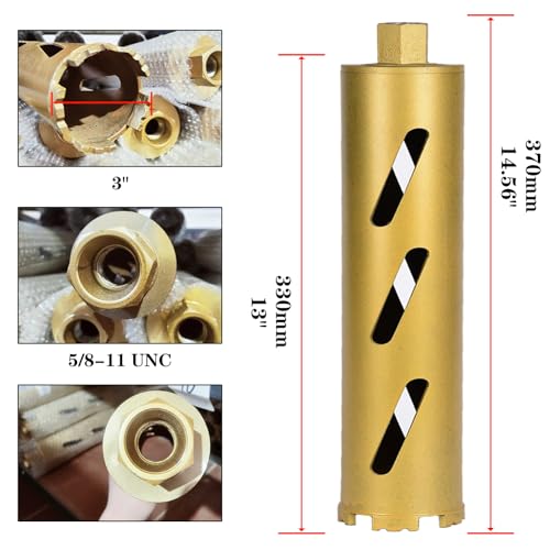 3" Dry Core Drill Bits for Cured Concrete with Rebar Brick Block Masonry etc 13in/330mm Drilling Depth，10mm Diamond Segment Height，2 Adapters - size: 3 inches