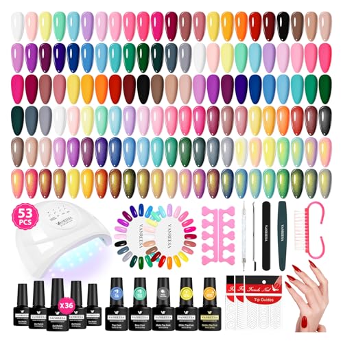 VANREESA Gel Nail Polish Kit with U V Light 53 Pcs Gel Polish Nail Set 36 Trendy Colors Nail Polish Set + Base and 4 Effects Top Coat with Manicure Tools Complete Nail Kit Gifts for Women Girls - color: Fantasy Party