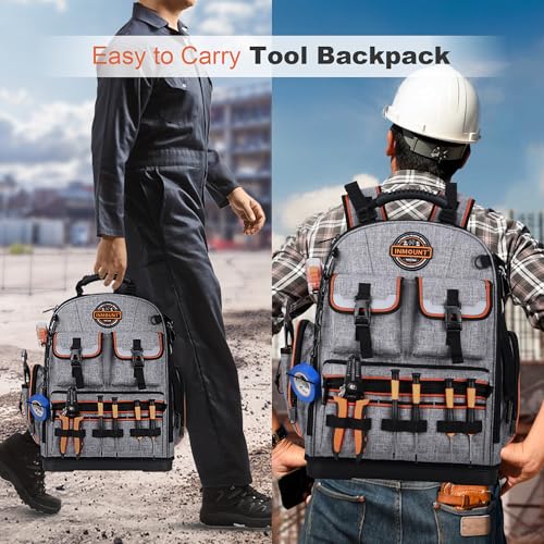 LOKASS Tool Backpack Heavy Duty, 18.5 in, 56 Pockets, Molded Bottom, Gray - color: Gray
