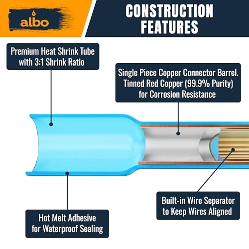 ALBO Heat Shrink Crimp Connectors (Butt 500Pcs Blue 16-14 AWG) - color: Butt 500Pcs Blue 16-14 AWG