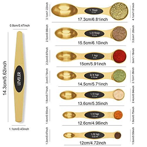 Magnetic Measuring Spoons Set Stainless Steel with Leveler, Stackable Metal Tablespoon Measure Spoon for Baking, Measuring Cups and Spoon Set Kitchen Gadgets Apartment Essentials Fits in Spice Jars - color: Gold