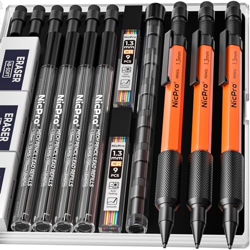 Nicpro 3 PCS 1.3 mm Mechanical Pencils Set with 66 Lead Refill, 3 Eraser - style: 3 Pack (Orange)