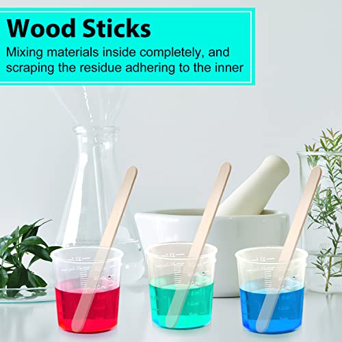 100 Pack 30ml/1oz Transparent Measuring Cups Reusable Clear Plastic Graduated Epoxy Mixing Cups with 100 Pack Wooden Stirring Sticks for Liquids Resin, Epoxy, Stain, Mixing Paint, School Labs - size: 30ml