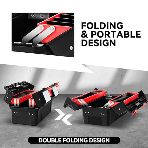 Auto Dynasty Foldable 2-layer Tool Box w/Non-Slip Handle Tray Storage, Red - color: Red, size: 2-Layer