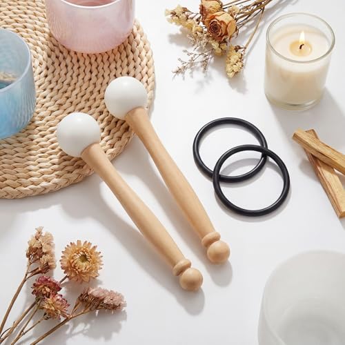 Nuanchu 4 Pcs Rubber Singing Bowl Mallets with O Rings, Wood Handle
