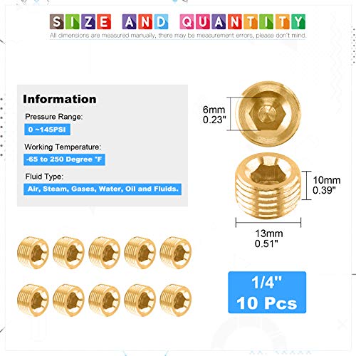 Glarks 10Pcs Brass 1/4'' NPT Male Pipe Plug Fitting Set Internal Hex Thread Socket Pipe Plug Kit - size: 1/4''NPT