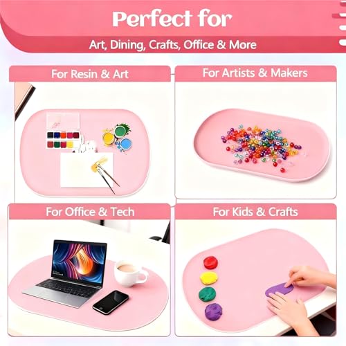 24"x16" Oval Silicone Mats for Crafts - Non-Slip Painting Mat with Raised Edges, Reusable Table Protector for Resin, Clay, Paint ，Playdough ，Jewelry-Making & Crafts Creation (Pink) - color: Pink