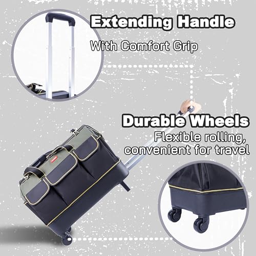 rolling tool bag with wheels for Electrician HVAC Tool Bag Organizer ，Hidden pull rod, plastic bottom, lightweight