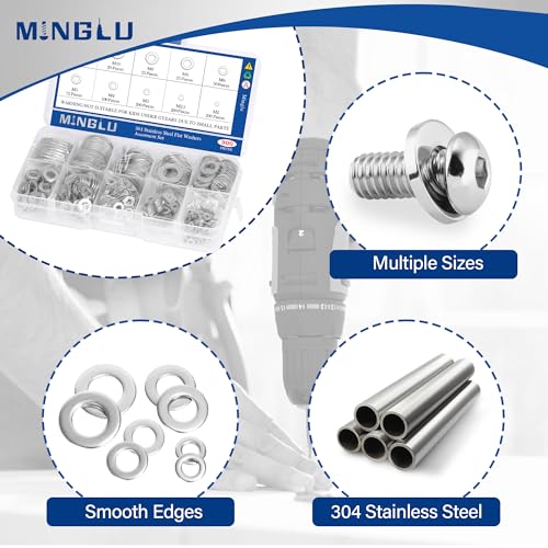Minglu Washers, 900 Pcs Washers for Screws, 304 Stainless Steel Flat Washers, Flat Washers for Bolts Assortment, Assorted Hardware Lock Metal Washers Kit (9 Sizes-M2 M2.5 M3 M4 M5 M6 M8 M10 M12)