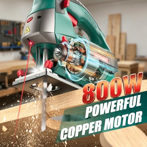 HYCHIKA 6.7A 800W Corded Jig Saw, Jigsaw Tool Power Jig Saws,6‑Speed Up to 3000 SPM, 4 Orbital Settings, Laser Guide, ±45° Bevel Cutting, Tool‑Free Blade Change, 6 Blades for Wood Metal Plastic