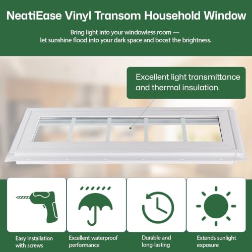 NeatiEase Vinyl Transom Window, 10" x 30" Fixed Glass Household Windows with Grids and Dual-pane Tempered Glass for House, Shed, Doors, Garage, Chicken Coop, Basement (White) - size: 10"x30"