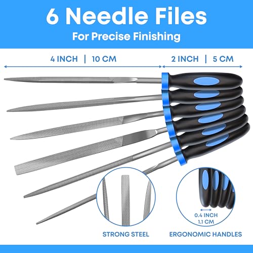 E•Werk - 6-pc Needle File Set for Wood, Metal, Plastic & Jewelry - Small Round, Half-Round, Square, Triangle, Flat & Flat Pointed Files - Handy Tools for Fine Finishing w/Ergonomic Handles