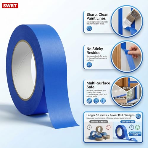 SWRT Blue Painters Tape 1 Inch x 55 Yards, 12 Rolls, Clean Removal