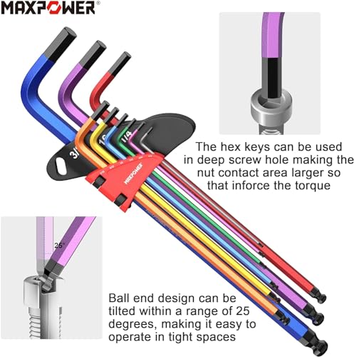 MAXPOWER Allen Wrenches Sets, 27-Piece Allen Key Wrench Set Includes SAE (1/6-3/8"), Metric (1.5-10mm), Torx (T10-T50), Extra Long Arm Ball & Torx End Hex Key Set with T-Handle - size: 27-piece