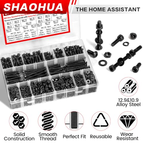 2002Pcs M4 Hex Socket & Button Head Bolts and Nuts with Nylon Nuts - size: K. M4