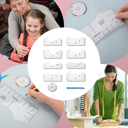 Tshirt Ruler Guide Vinyl Alignment, Transparent V-Neck/Round PVC Ruler for Alignment, Designs Pocket Logo, Fit for Heat Press, Alignment, Children Youth Adult, Front and Back Measurement