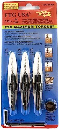 FTG USA #4 (7/64") Wood Countersink Drill Bit 3-Pc Set with 3/8" Depth Stop - size: #4, style: 3 Pc with Depth Stop