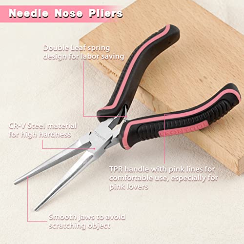 Mini Needle Nose Pliers for Jewelry Making 6 Inches Chain Nose Plier with Smooth Jaws Mini Extra Long Nose Precision Nippers for Gripping Small Components, Pink Tool for Women - style: Needle Nose Pliers
