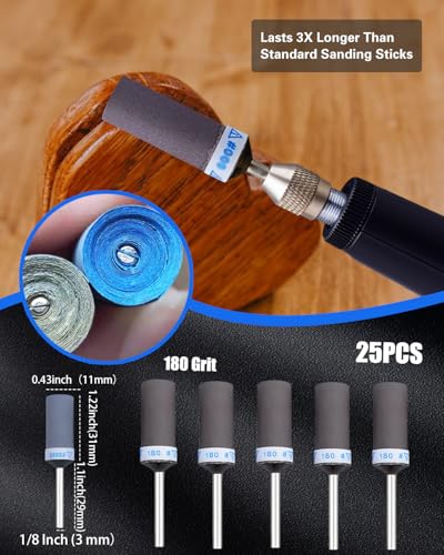 180 Grit Sanding Drums for Dremel Rotary Tools Accessories, 25PCS Sanding Bits Kit for Dremel Sanding Bands with 1/8 inch Shank, Sandpaper Sticks Set for Plastic Wood Metal Grinding Polishing - style: 180 Grit 25PCS
